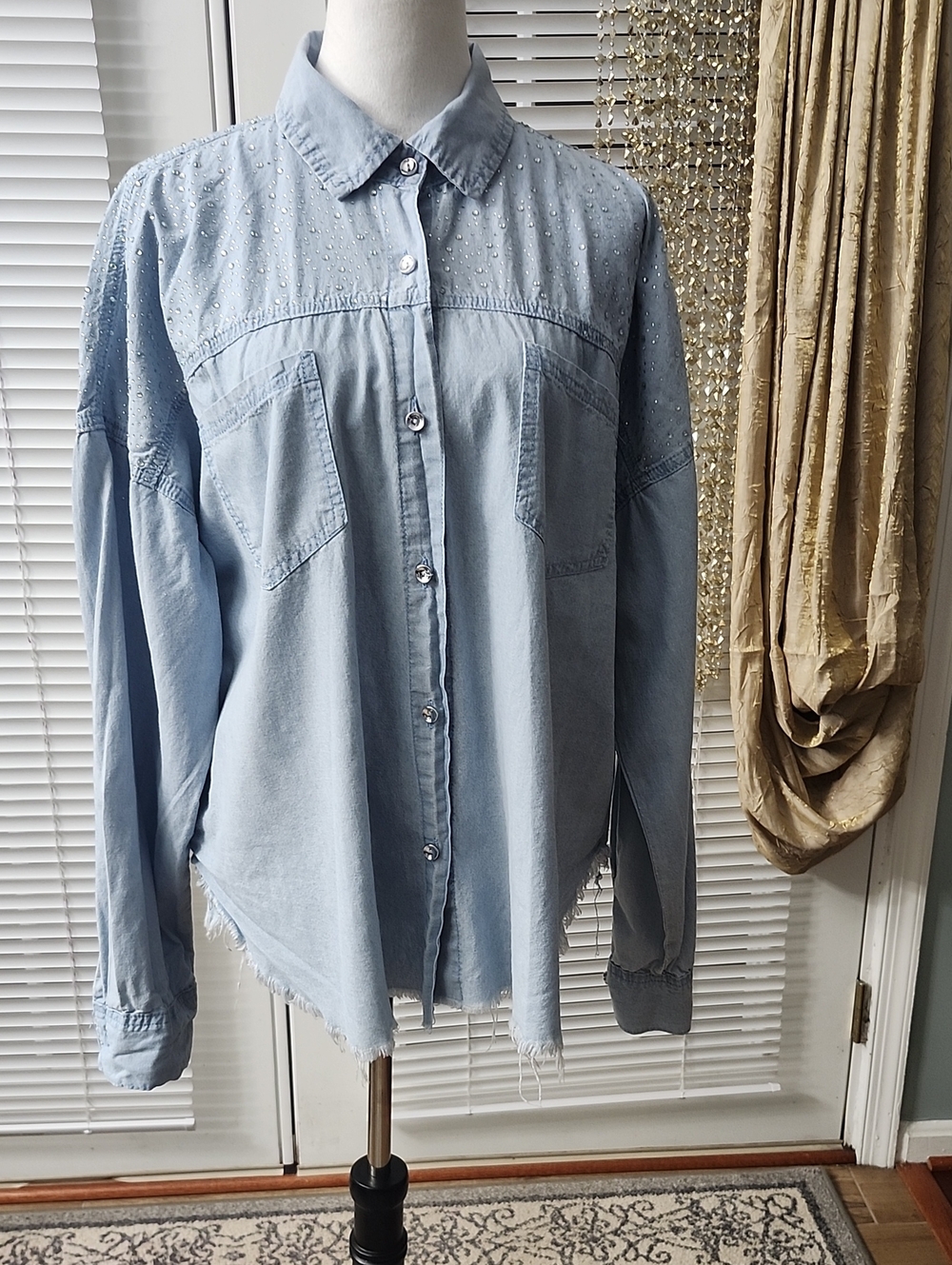 Thrill Light Blue Embellished Denim Button-Down Shirt